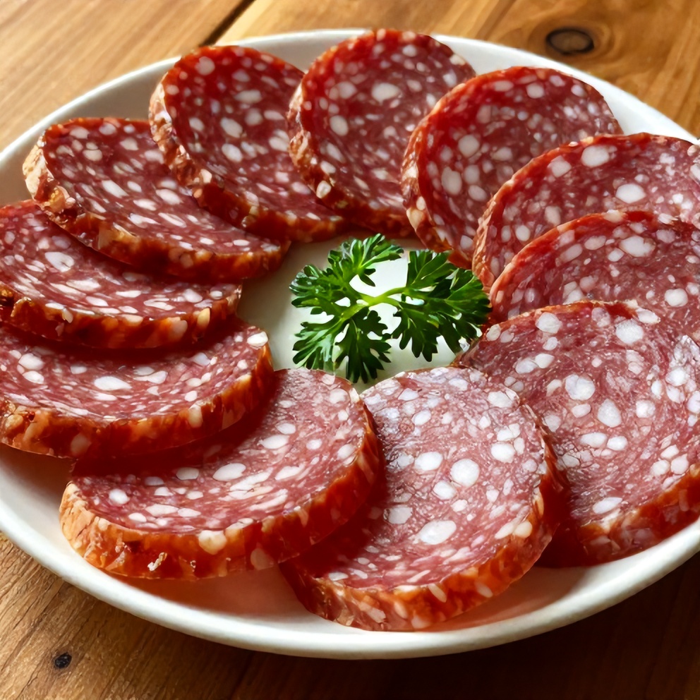 Vegan salami slices on a plate with fresh herbs