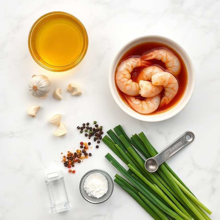 Honey garlic shrimp ingredients on a marble surface
