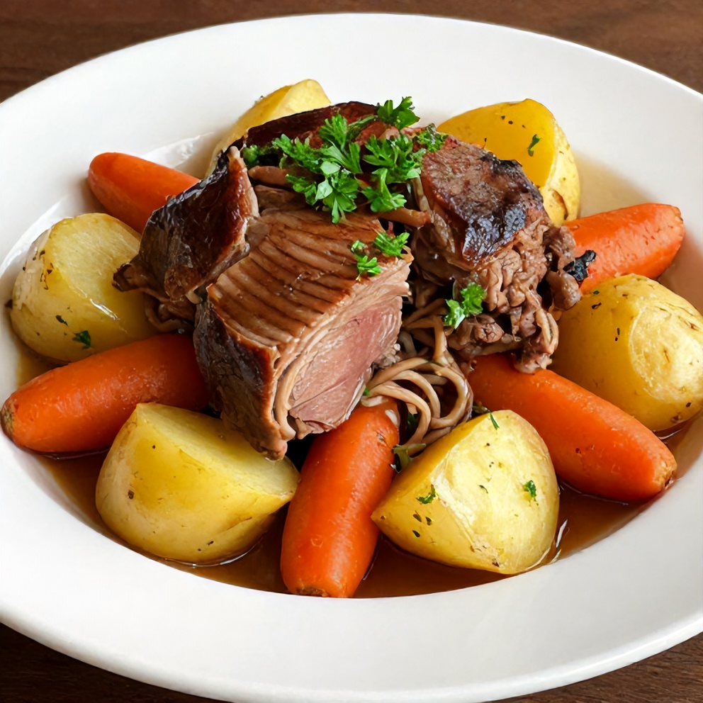 Plated serving of Italian pot roast with carrots, potatoes, and fresh parsley