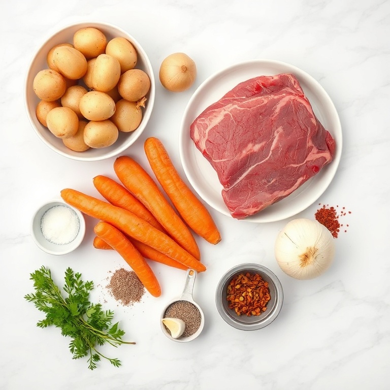 Raw ingredients for Italian pot roast including beef chuck, carrots, potatoes, onions, garlic, and Italian seasoning