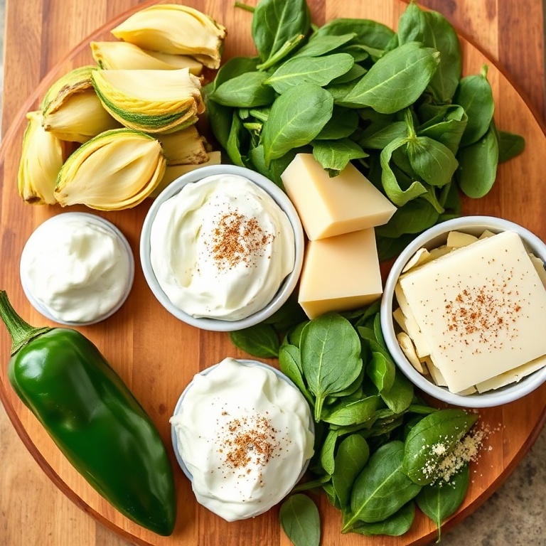 Jalapeño Spinach Artichoke Dip ingredients on a wooden board