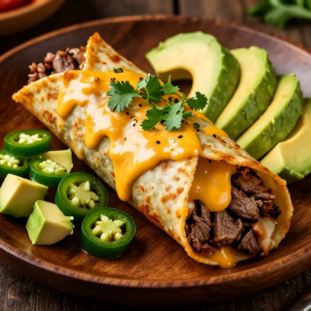 Plated keto beef crunchwraps with cheesy sauce