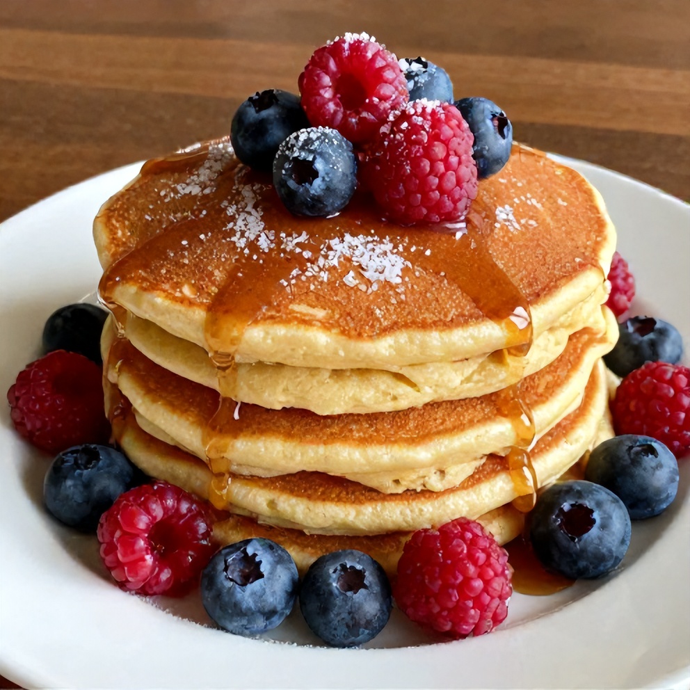 Plated Keto Coconut Flour Pancakes with Fresh Berries