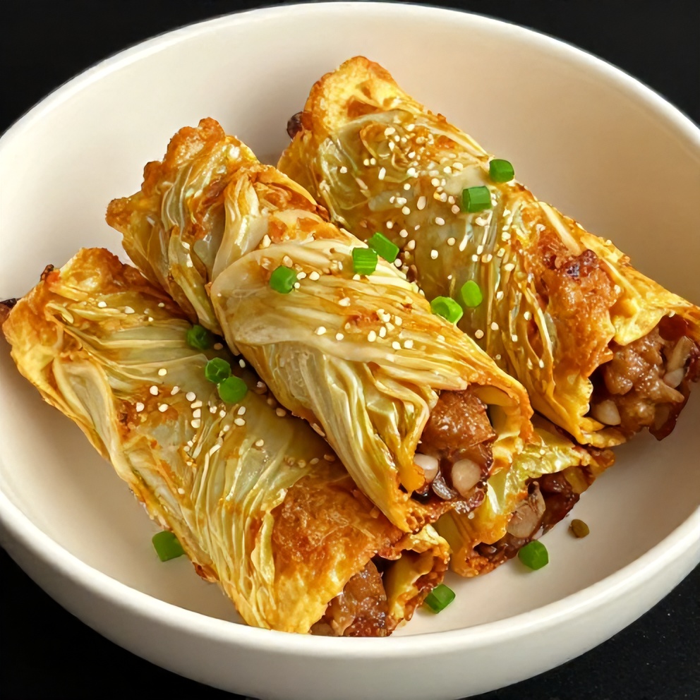 Keto Egg Roll in a Bowl plated with sesame seeds and green onions