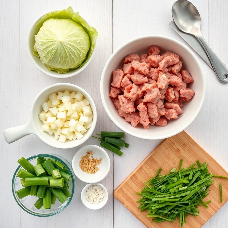 Raw ingredients for Keto Egg Roll in a Bowl on a wooden surface