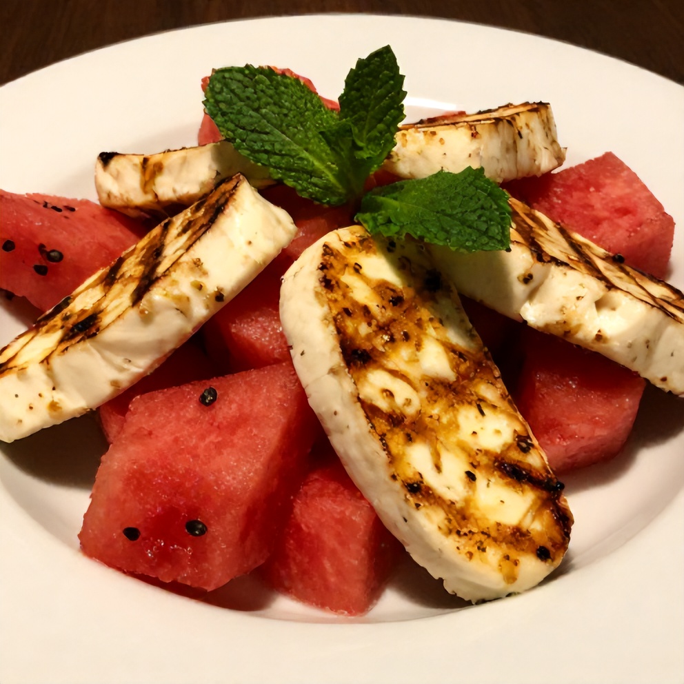 Plated grilled halloumi and watermelon salad with fresh mint garnish