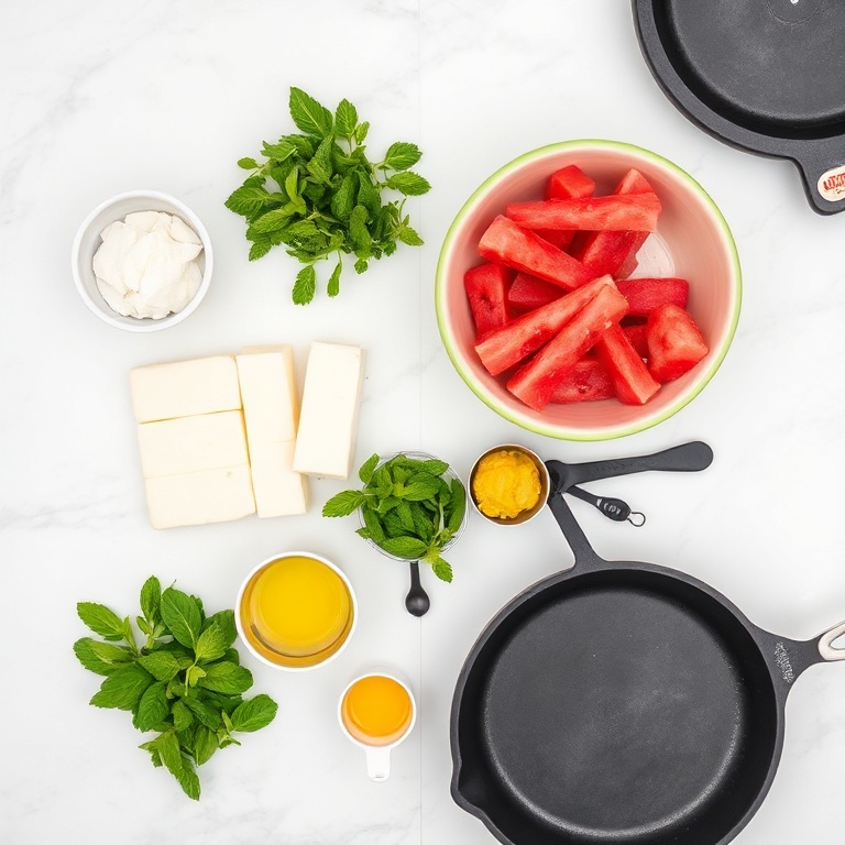 Halloumi cheese, watermelon, fresh mint, and other ingredients laid out on a wooden board