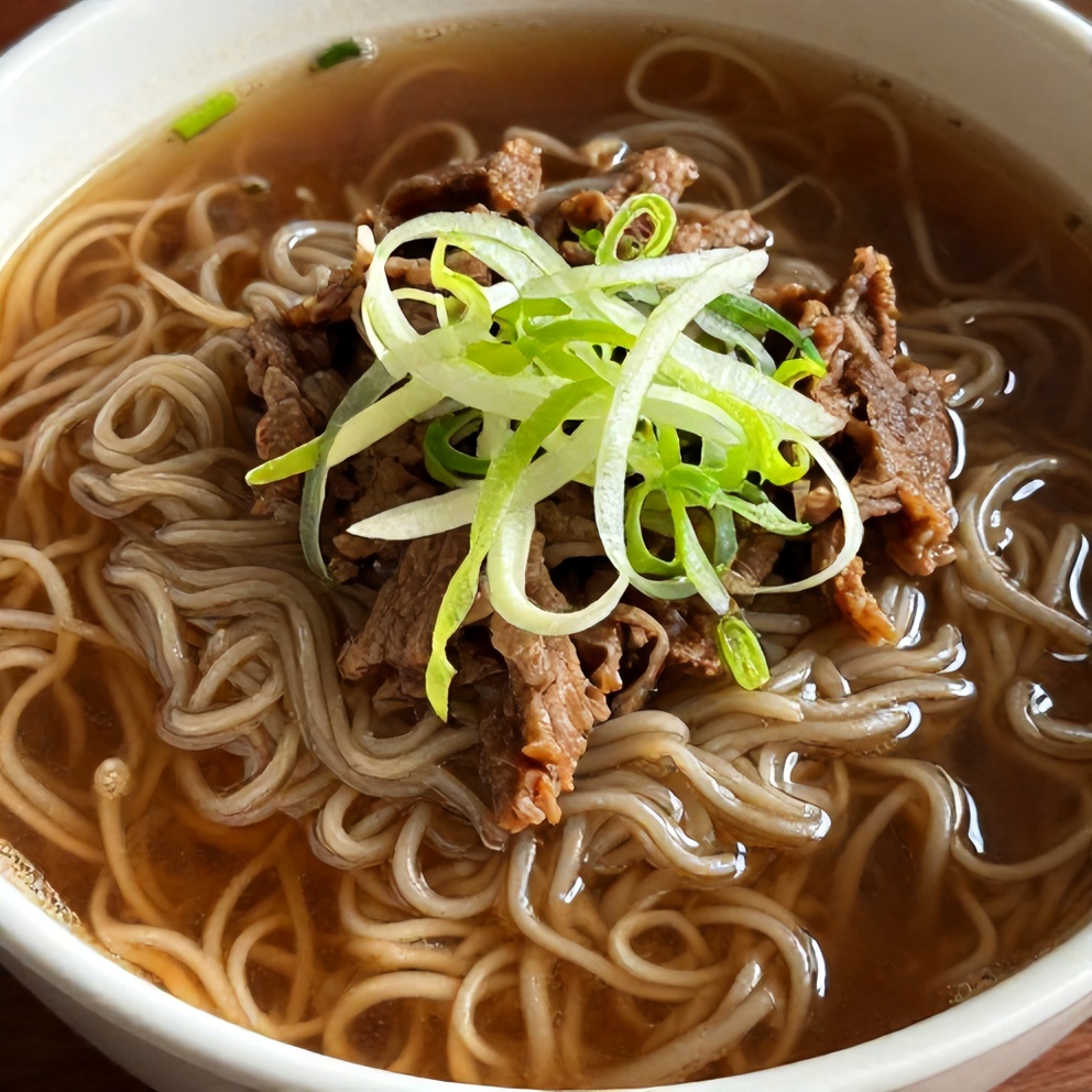 Plated serving of Korean Beef Ramen with green onions