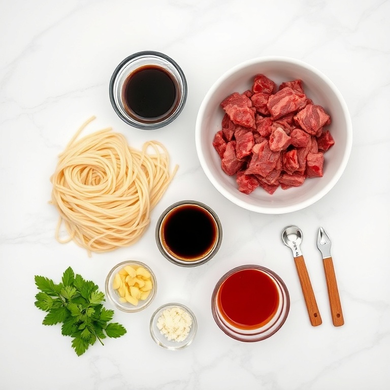 Raw ingredients for Korean Beef Ramen on a white marble surface