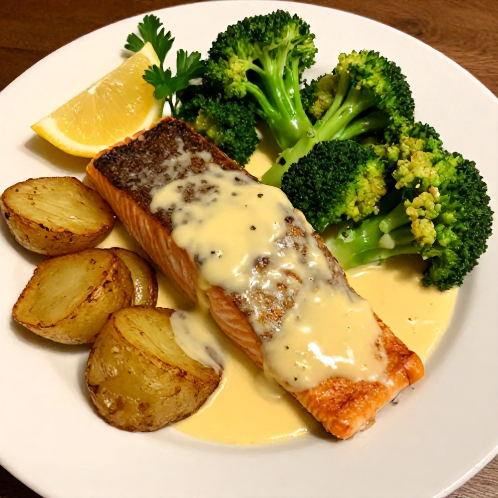 Lemon Butter Salmon with Crispy Potatoes and Broccoli