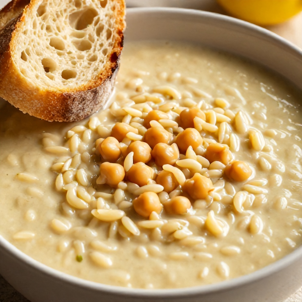 Bowl of Lemon Chickpea Orzo Soup with a side of crusty bread