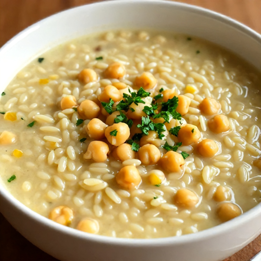 Lemon Chickpea Orzo Soup plated with a sprinkle of parsley