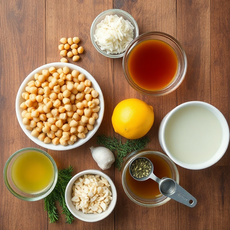 Raw ingredients for Lemon Chickpea Orzo Soup laid out on a wooden surface