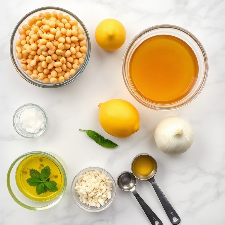 Raw ingredients for Lemon Chickpea Orzo Soup on a marble surface