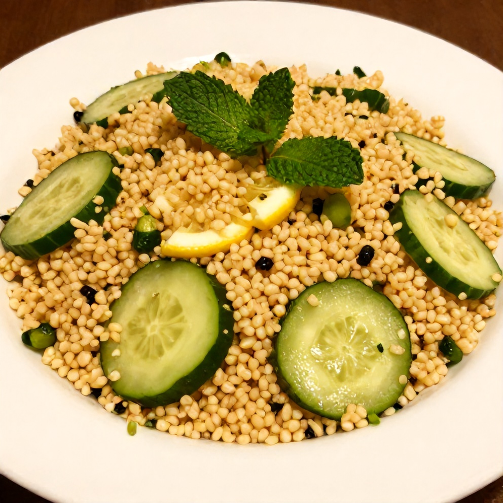 Lemon Cucumber Couscous Salad plated with fresh herbs