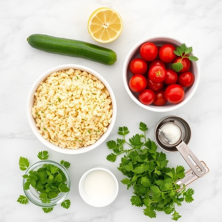 Ingredients for Lemon Cucumber Couscous Salad on a marble surface