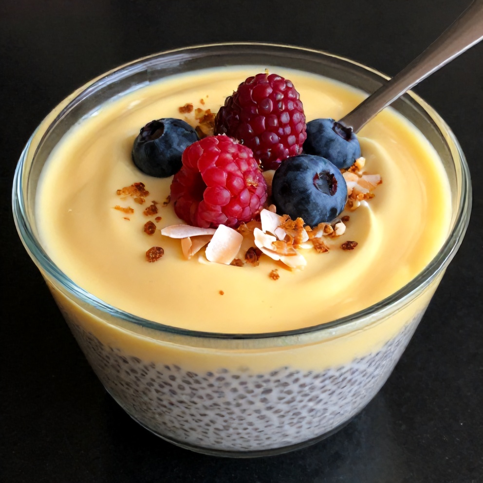 Lemon Curd Chia Pudding served in a glass bowl with a spoon