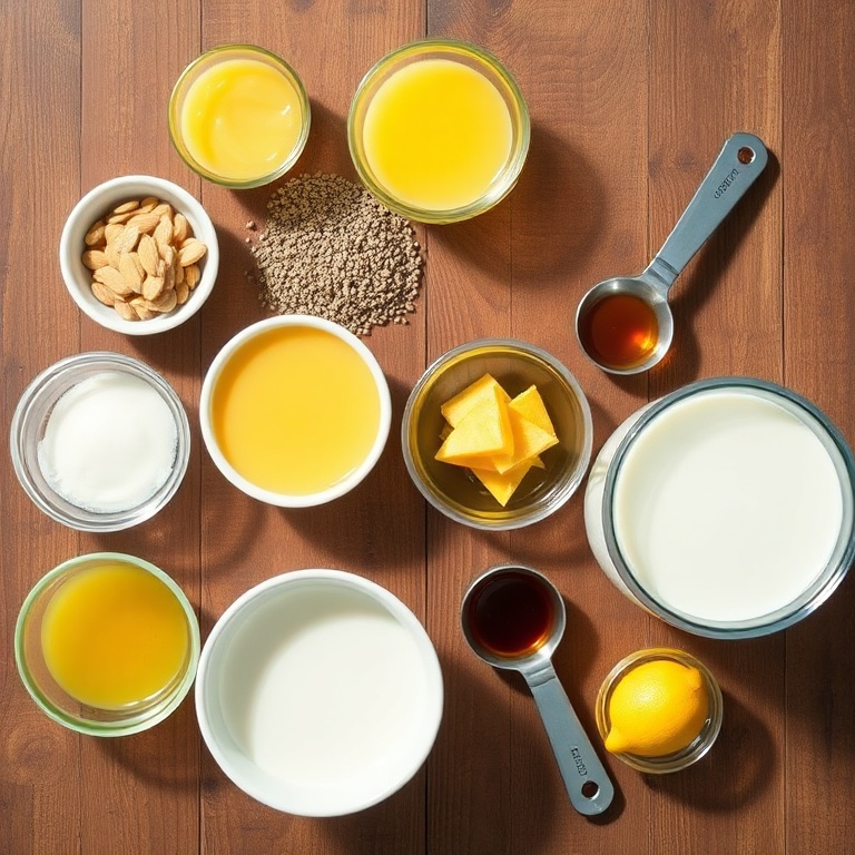 Ingredients for Lemon Curd Chia Pudding laid out on a wooden surface