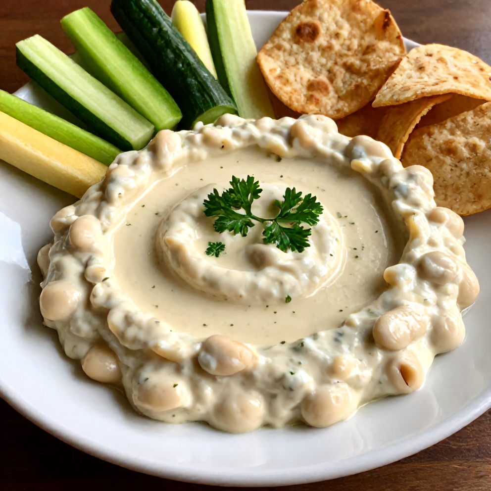 Lemon Herb White Bean Dip served with veggies and pita chips