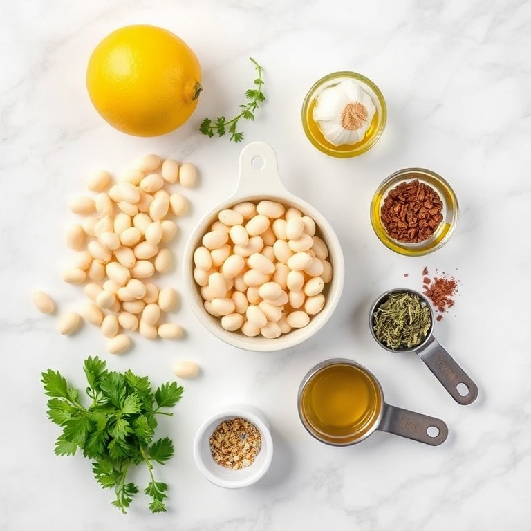 Raw ingredients for Lemon Herb White Bean Dip on a marble surface