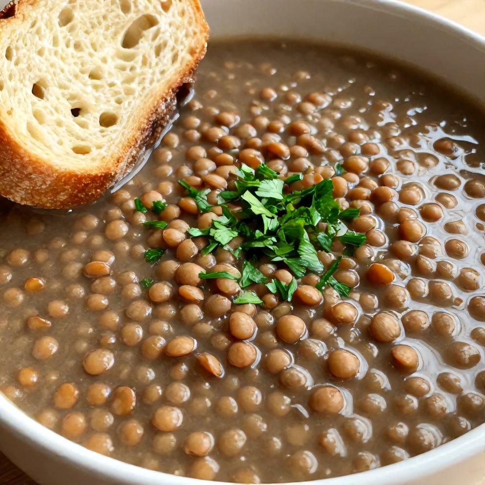 Bowl of lentil soup with crusty bread