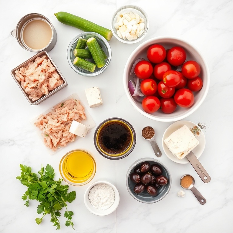 Raw ingredients for Mediterranean tuna salad: canned tuna, cucumbers, cherry tomatoes, red onion, olives, feta, and dressing