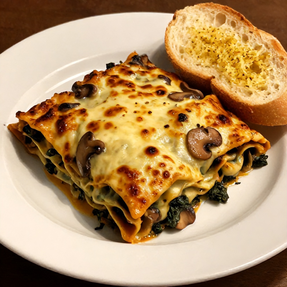 Plated Mushroom Spinach Lasagna with garlic bread