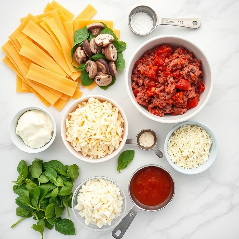 Raw ingredients for Mushroom Spinach Lasagna