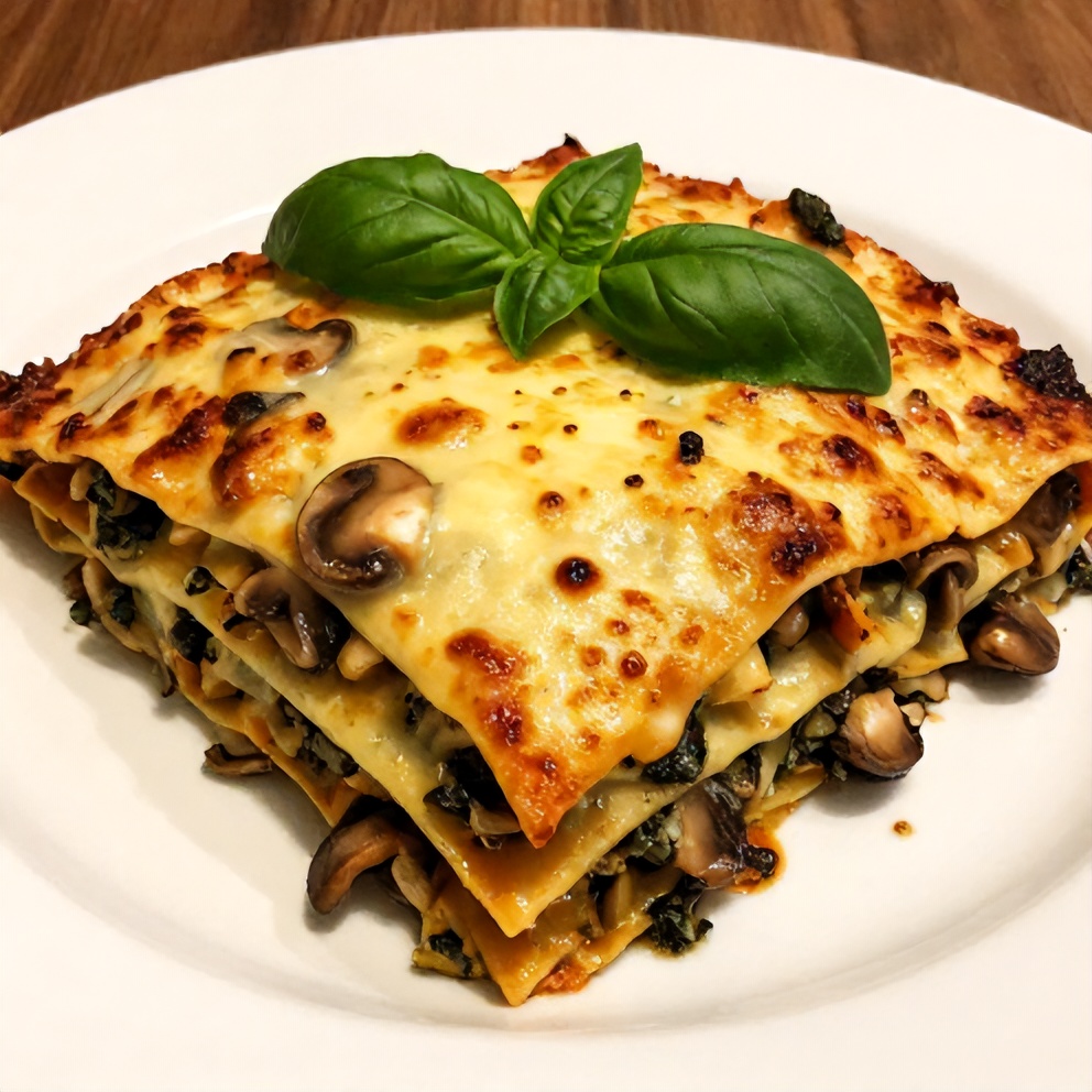 One perfect plated serving of Easy Mushroom Spinach Lasagna on a white plate, garnished with fresh basil. Close crop, food fills 90% of frame. Warm side lighting showing texture. Photorealistic food photography.