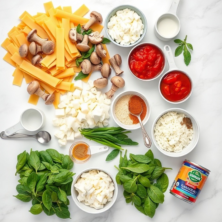 Overhead flat lay of raw ingredients for Easy Mushroom Spinach Lasagna: lasagna noodles, mushrooms, spinach, ricotta, mozzarella, parmesan, garlic, onion, canned tomatoes, and spices. Small prep bowls, measuring spoons, and measuring cups visible. White marble surface, bright even light. Photorealistic overhead food photography.