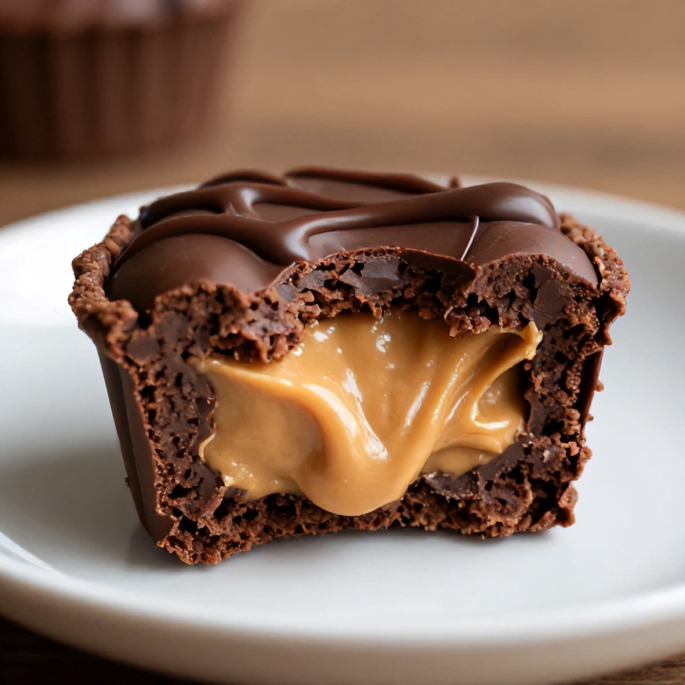One perfect plated serving of No-Bake Chocolate Peanut Butter Protein Cups on a small plate, with the creamy peanut butter center peeking out and a drizzle of melted chocolate on top.