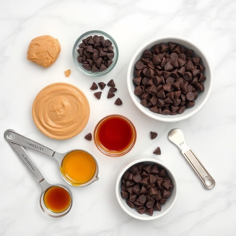 Overhead flat lay of raw ingredients including creamy peanut butter, chocolate chips, protein powder, honey, and vanilla extract, arranged on a white marble surface with measuring spoons and bowls visible.