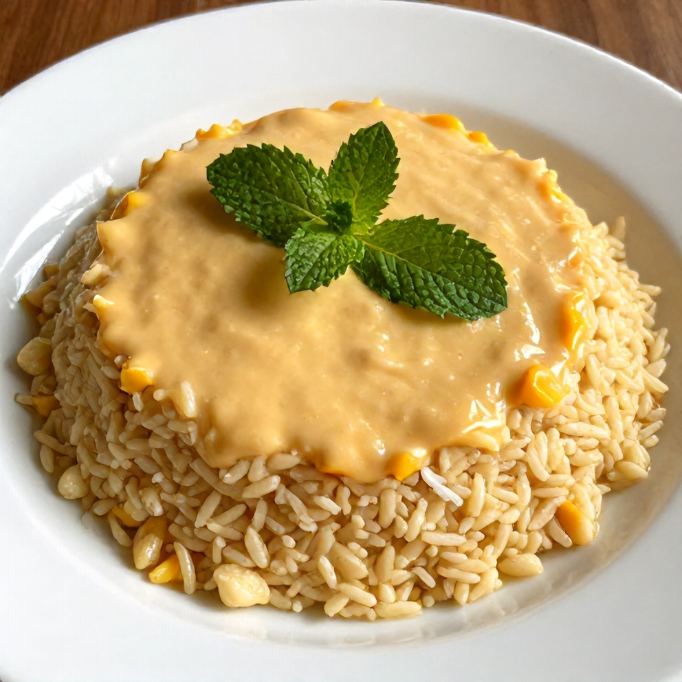 Plated No-Bake Mango Coconut Rice Pudding with Mint Leaves