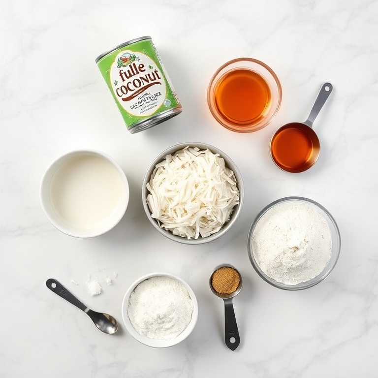 Raw ingredients for Matcha Coconut Cream Tart on a marble surface