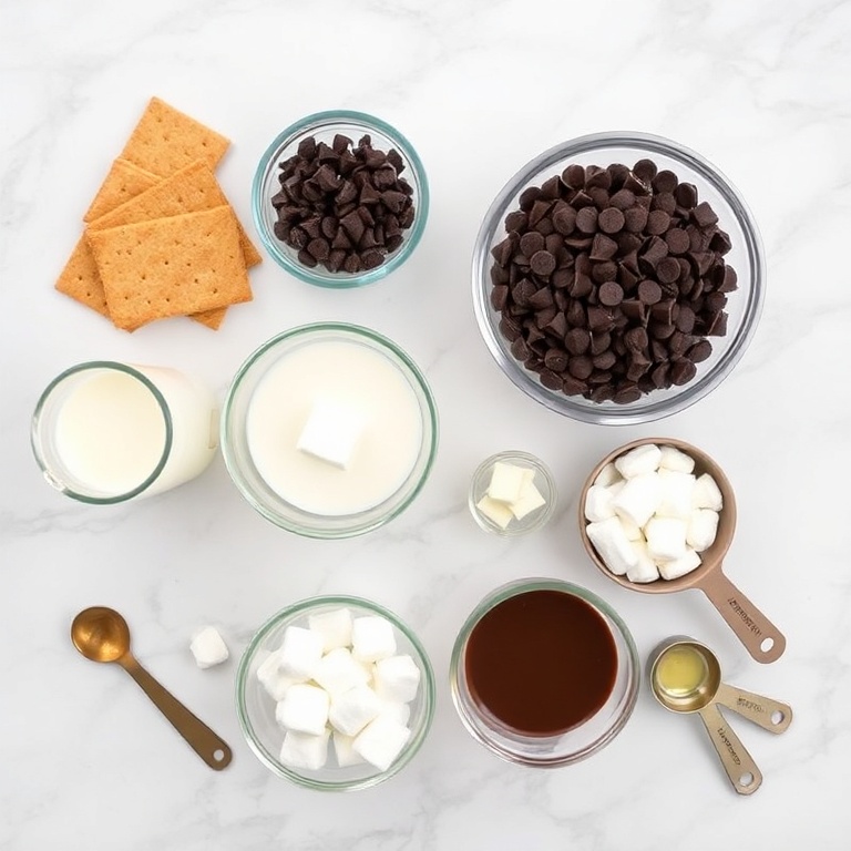 Graham crackers, milk, chocolate chips, marshmallows, and pudding mix arranged in a flat lay