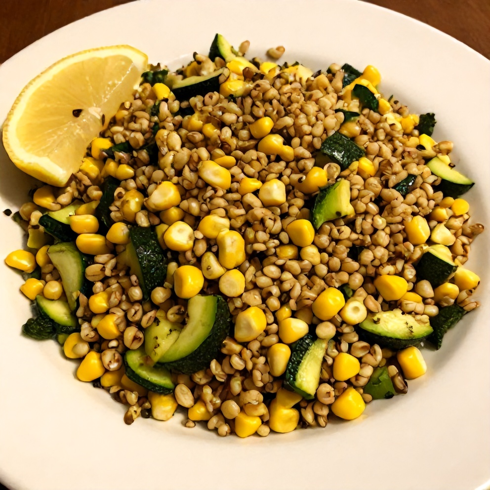 Pesto Zucchini Corn Quinoa Salad plated with a lemon wedge