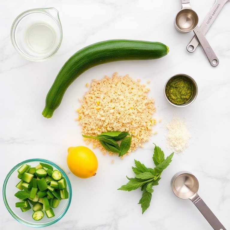 Raw ingredients for Pesto Zucchini Corn Quinoa Salad on a marble surface