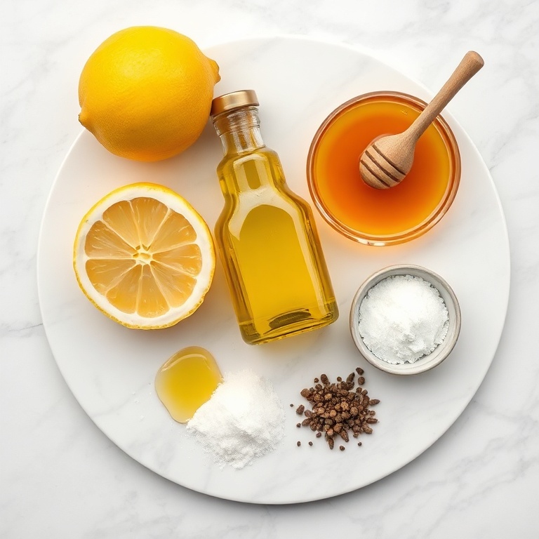 Lemon, olive oil, Dijon mustard, honey, salt, and pepper arranged on a wooden board