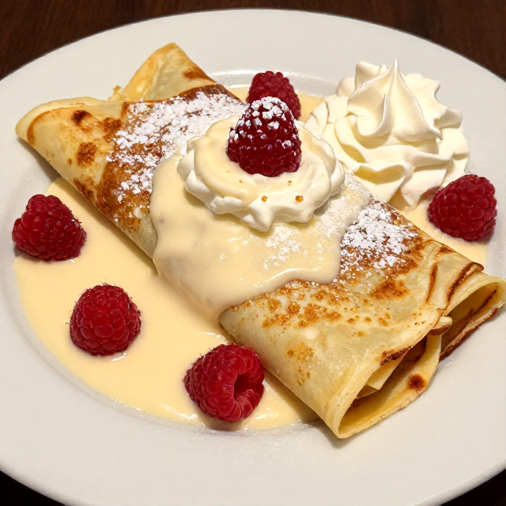 Plated Raspberry Vanilla Cream Crepes with a dusting of powdered sugar