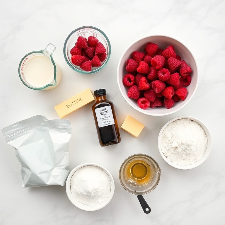 Raspberry, vanilla extract, eggs, milk, flour, sugar, butter, and cream arranged on a marble surface
