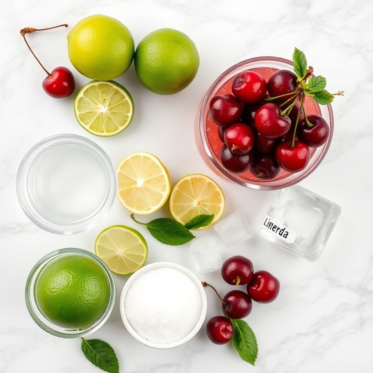 Ingredients for cherry limeade including cherries, lime, sugar, water, and ice