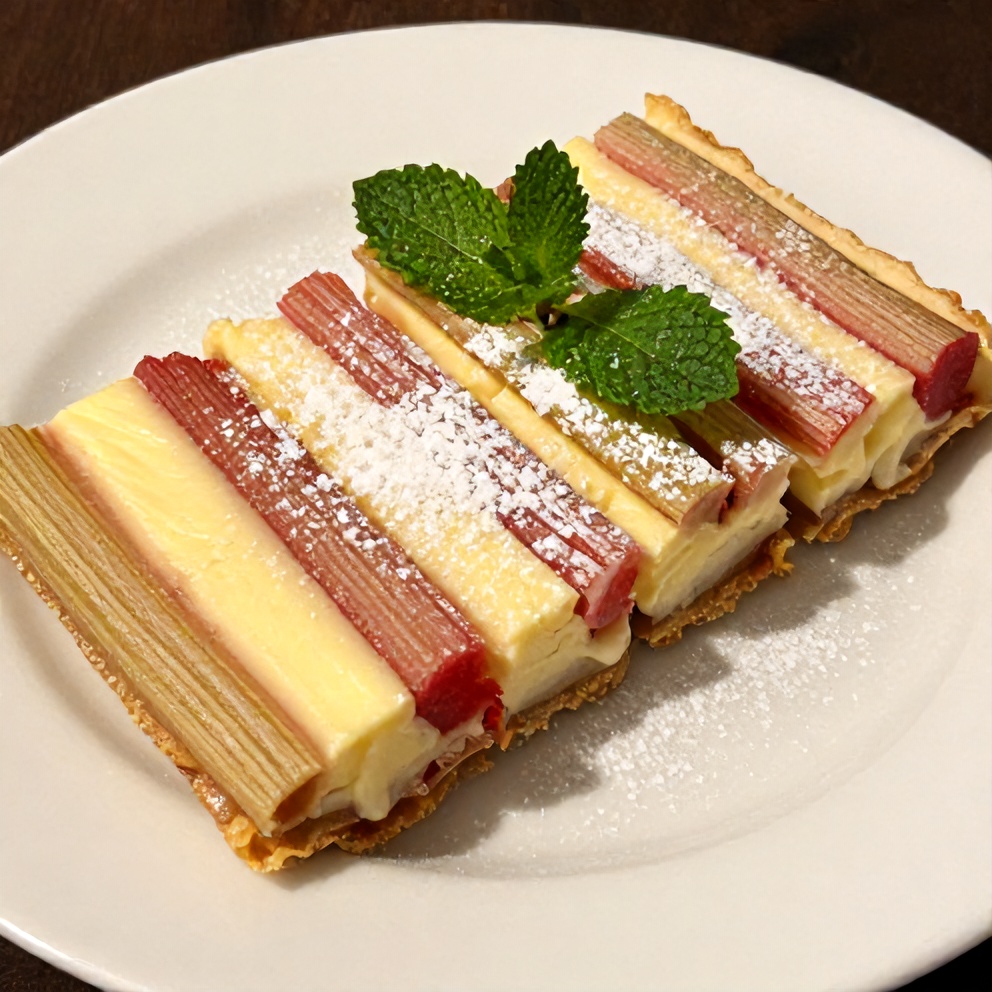 Sliced rhubarb cream cheese bars on a plate