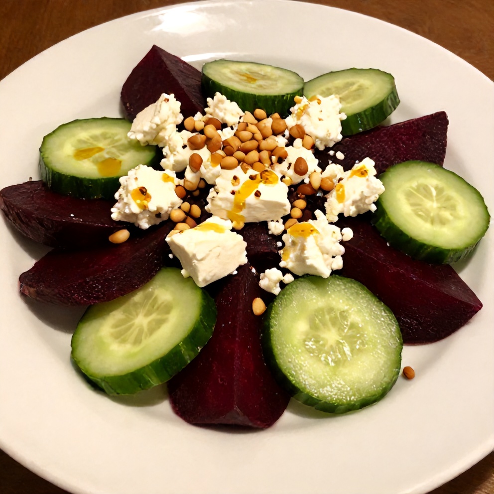 Plated Easy Roasted Beet Salad with Feta and Cucumber