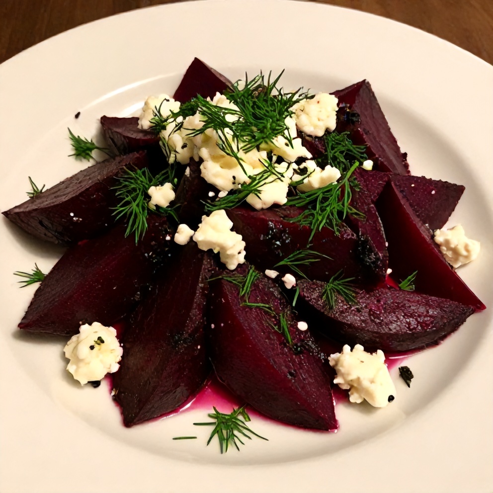 Plated roasted beet salad with feta and fresh dill