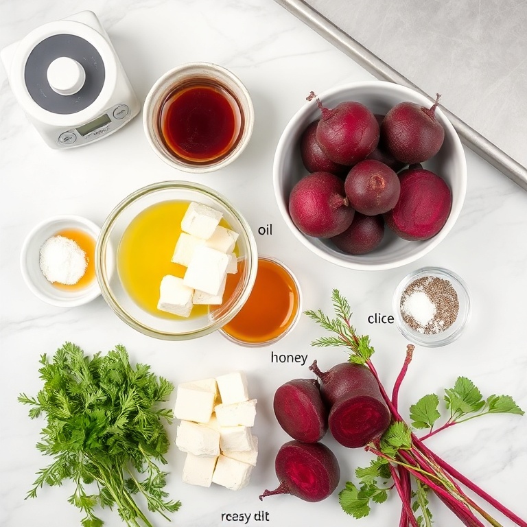 Raw ingredients for roasted beet salad with feta and fresh dill