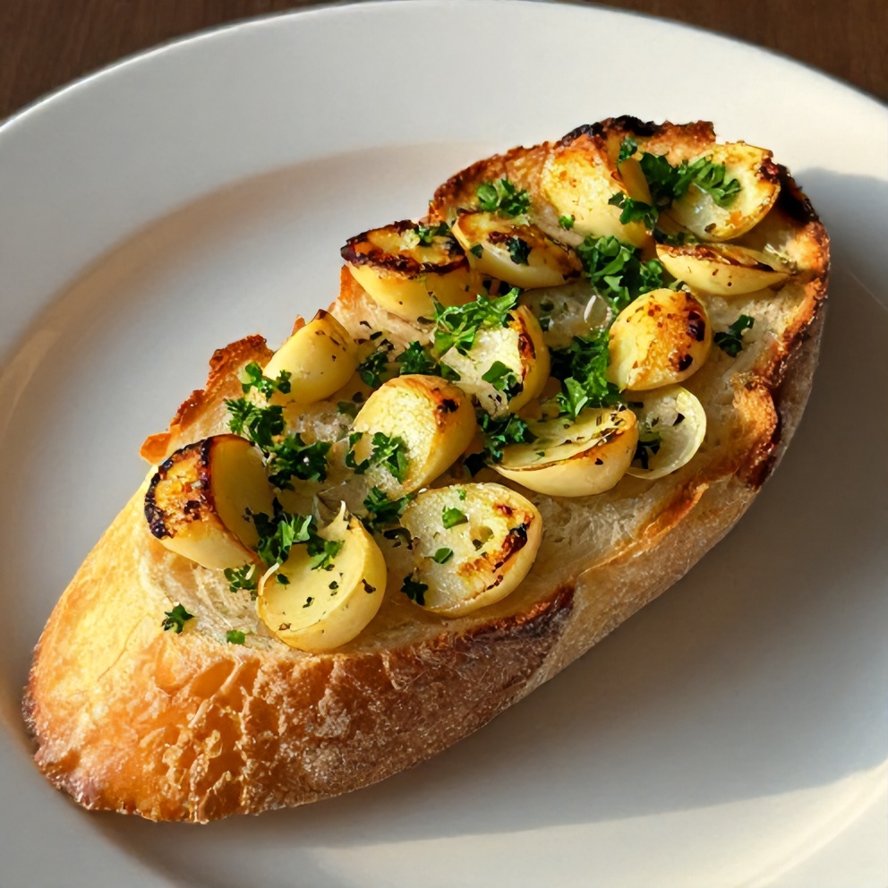 Garlic bread with roasted garlic cloves and fresh parsley
