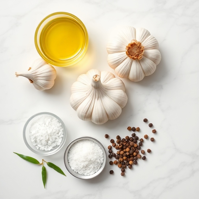 Whole garlic bulbs, olive oil, salt, and pepper arranged on a marble surface