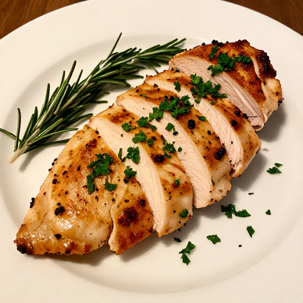 Plated Rosemary Dijon Chicken Breast with a side of steamed vegetables
