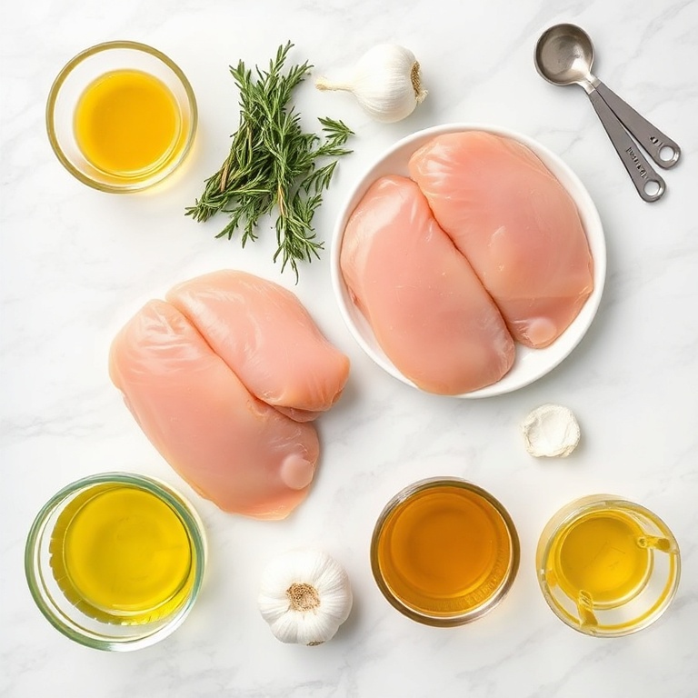 Rosemary, Dijon mustard, garlic, chicken breasts, and olive oil on a marble surface