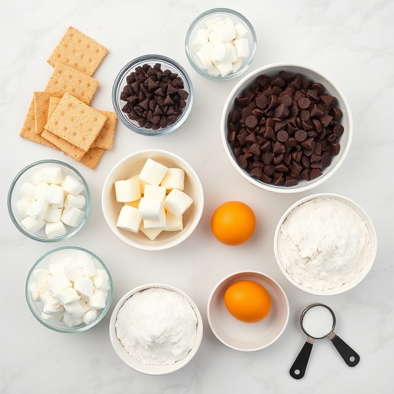 Graham crackers, chocolate chips, marshmallows, butter, sugar, eggs, flour, baking soda, salt